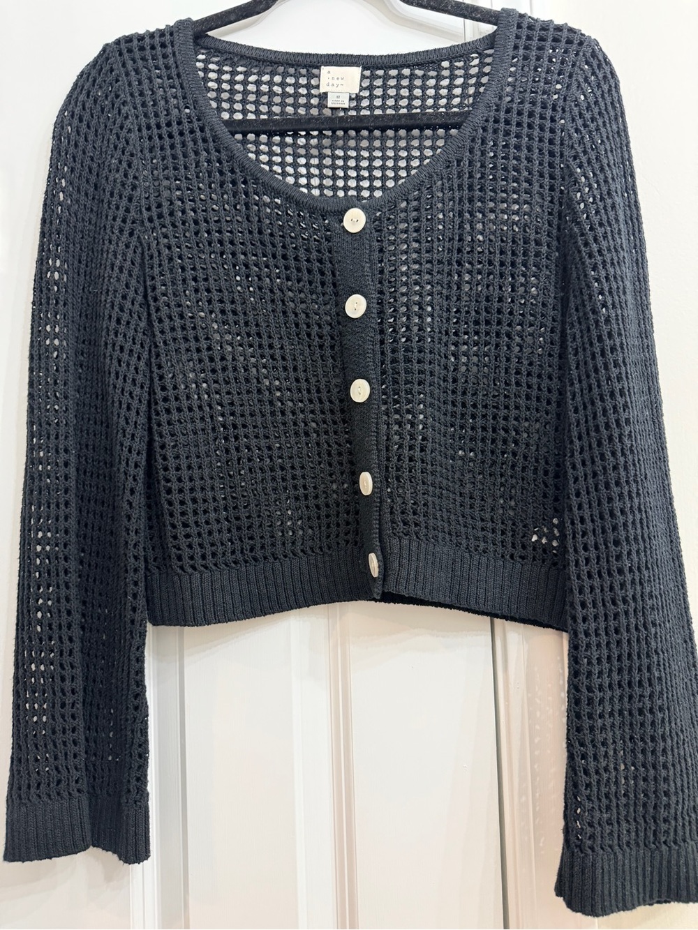 a new day Black Open-Weave Button-Front Cropped Cardigan